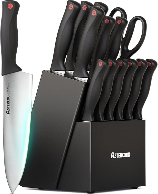 Astercook Kitchen Knife Set with Built-in Sharpener, 15 Pieces knives Set High Carbon German Stainless Steel Chef Knife Block Sets