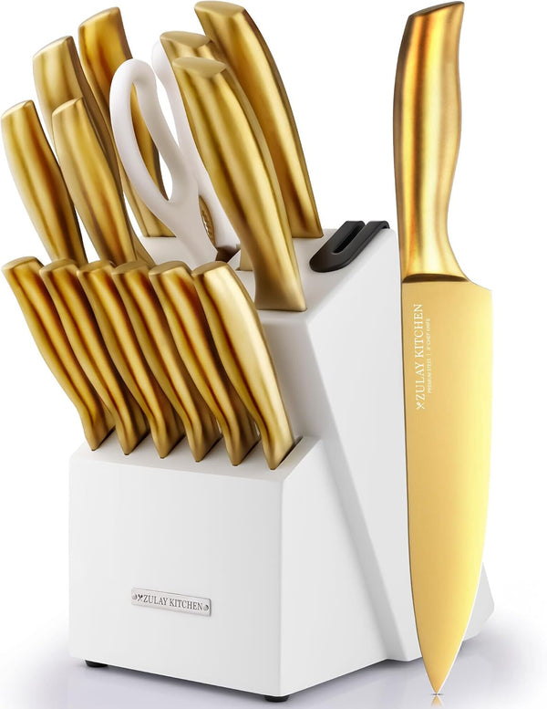 Zulay 15 Piece Stainless Steel Knife Set with Block and Sharpener - Sharp Knife Block Set with Built In Sharpener - Kitchen Knife Set With Block - Rust Proof Knife Set Stainless Steel