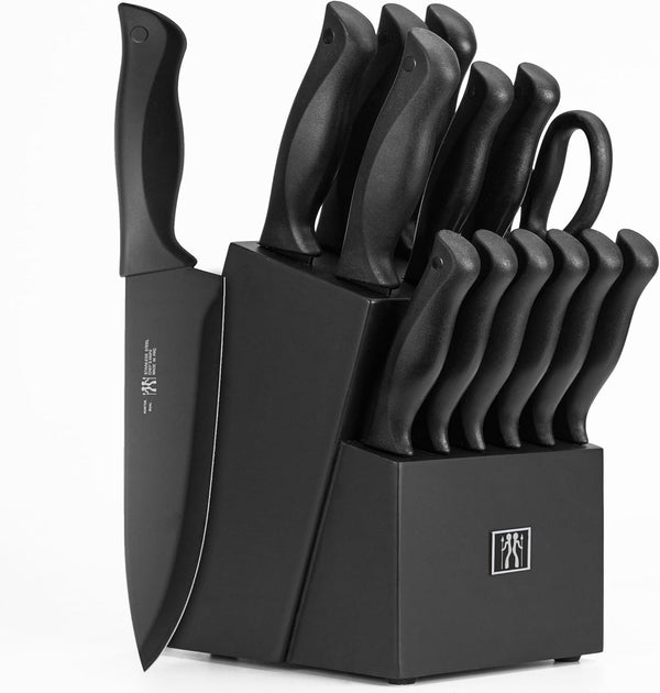 Knife Set, Dishwasher Safe Kitchen Knife Set with Block, 15 Pcs Black Kitchen Knife Sets with Block Self Sharpening, 6 Steak Knives, Black