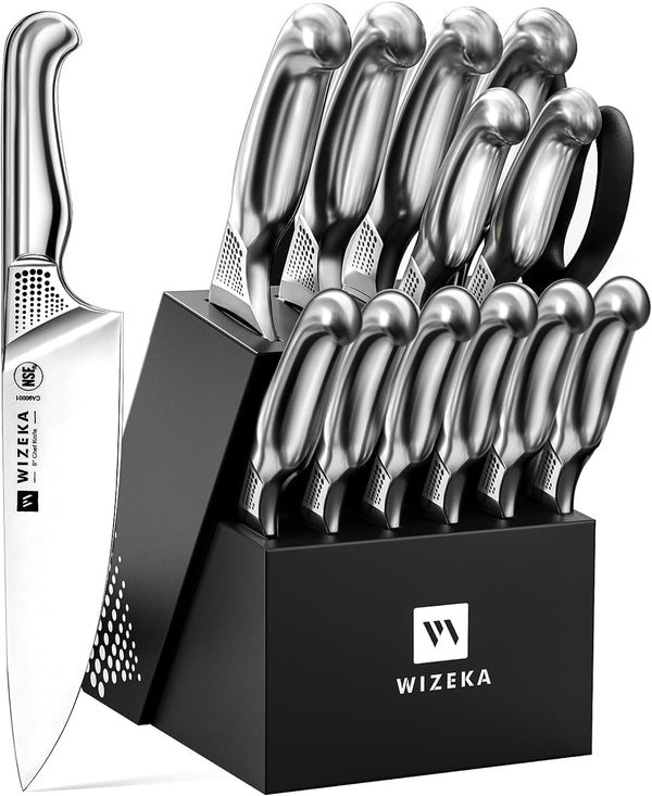 WIZEKA Kitchen Knife Set with Block, NSF Certified, 15-Piece German Steel 1.4116, Professional Chef Knife Set with Built-in Sharpener, Starry Sky Series