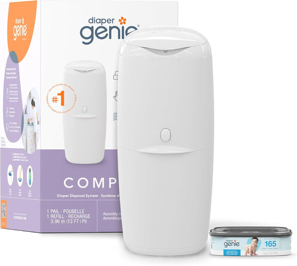 Diaper Genie Compact Pail Includes 1 Starter Square Refill That can Hold up to 165 Newborn-Sized Diapers.