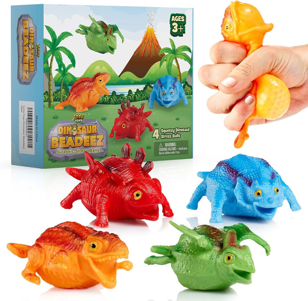 YoYa Toys Beadeez Dinosaur Squishy Stress Ball Toys (Set of 4) | Brilliant, Vibrant Gel Water Beads Ball Sensory Fidget Toys for Kids & Adults | Innovative Squishies are Great for Anxiety & Stress