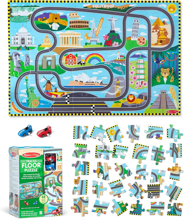 Melissa & Doug Race Around The World Tracks Cardboard Jigsaw Floor Puzzle and Wind-Up Vehicles (48 Pcs) for Preschoolers and Kids Ages 4+