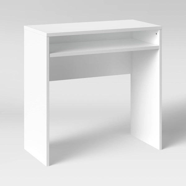 Compact White Office Desk with Open Shelf – Modern Small Workspace Table