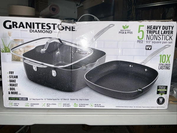 GraniteStone 5pc Heavy Duty Nonstick Pan Set|2 Pans,Deepfry Basket, Steamer Tray